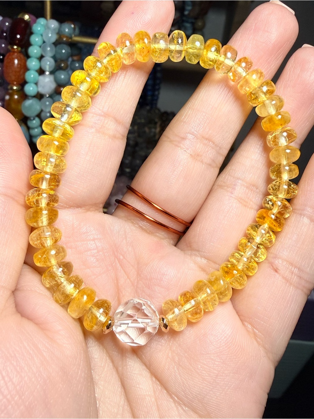 Yellow Topaz Rondelle Bracelet 8mm with Clear Quartz Accent
